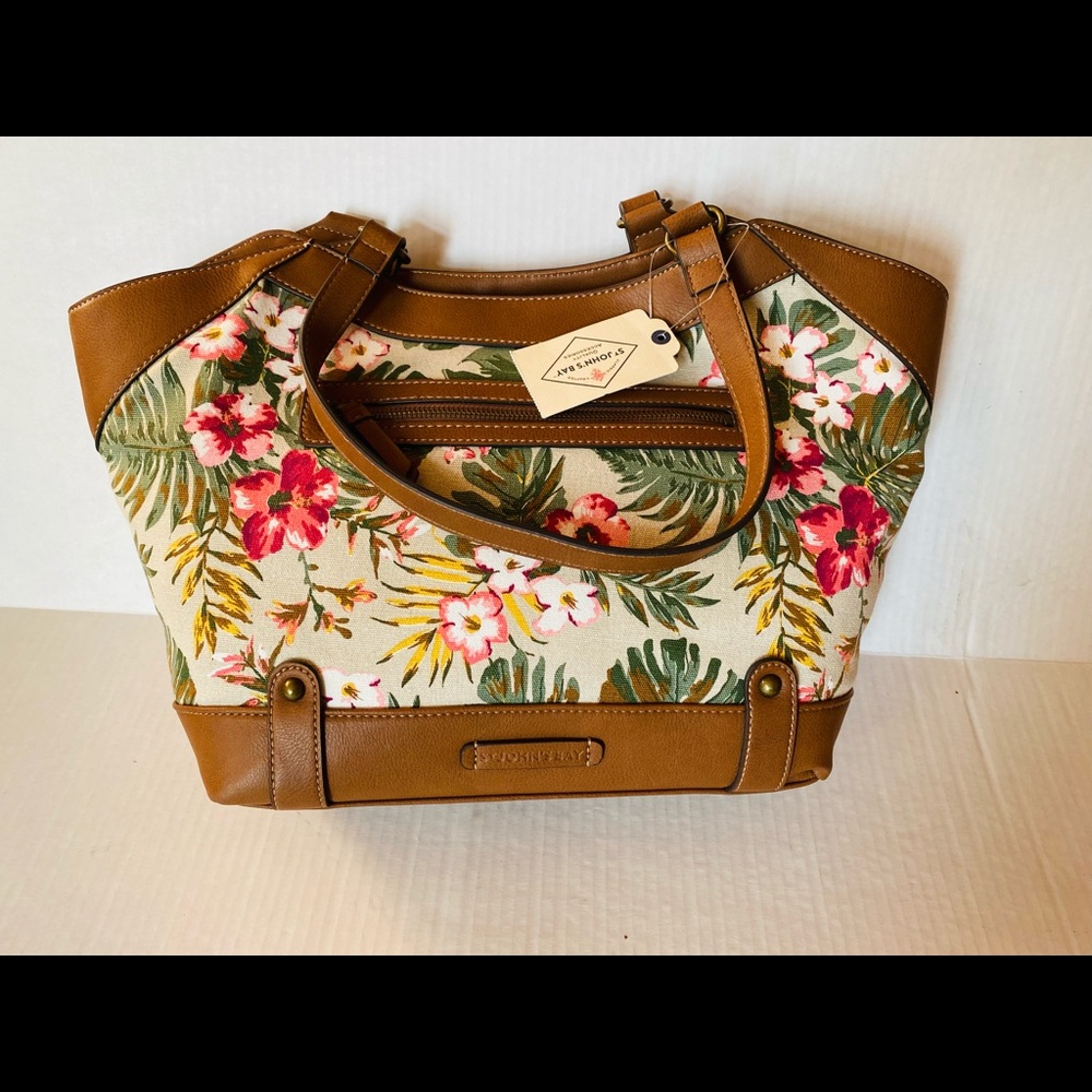 St John Bay Vista Floral Saddle Tote Bag 2 Inside Zipper Pocket Botton ClosurNWT